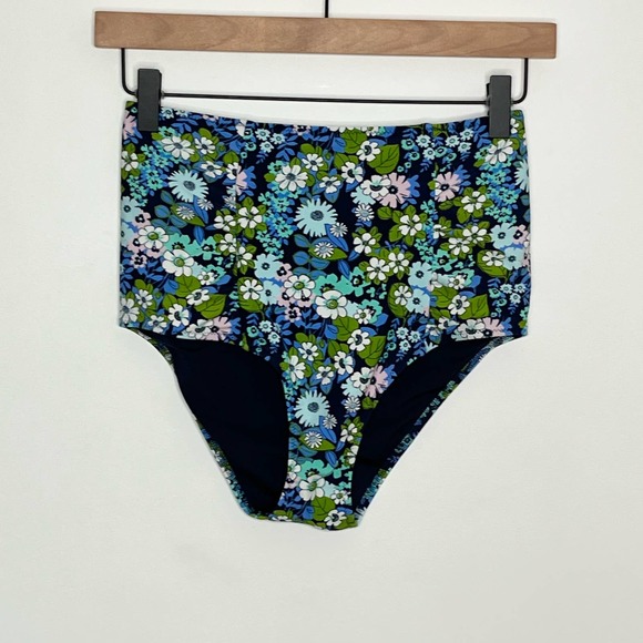 Aerie Bikini Set, Size Medium Navy Floral Scoop Neck High Waist - Picture 6 of 9